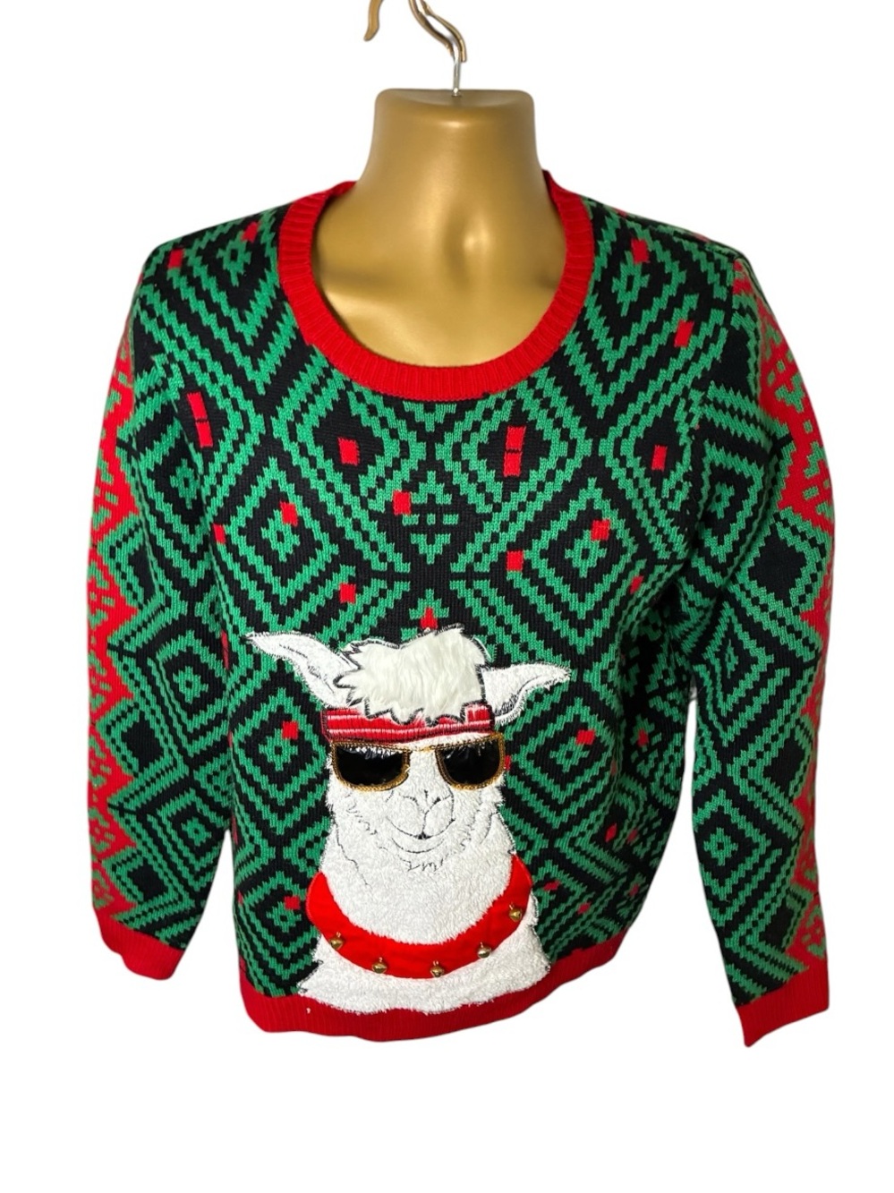 Jolly Sweaters Ugly Christmas Sweater Cool Llama Sunglasses Bells Green Red L